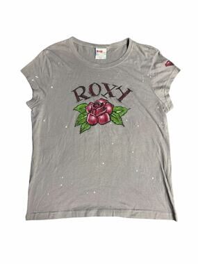 Vintage Y2K Roxy Rose Graphic Baby Tee Gray Surf Skate Coquette Top Size XL